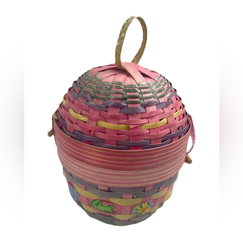 Vintage large Easter Egg Shaped hanging  or Table Top Wicker Basket Candy Basket